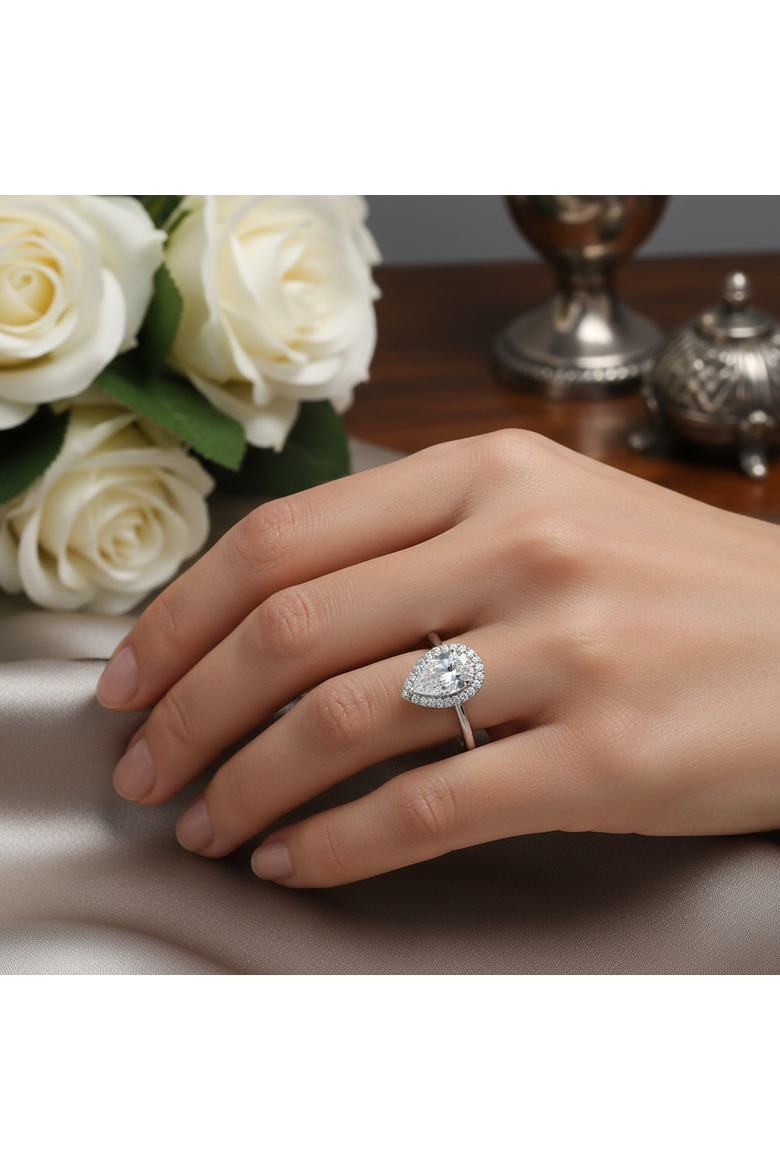 Lyra 14K Gold Pear Shaped Lab Grown Diamond Halo Ring - 1.9 Ct, Alternate, color, 14K White Gold