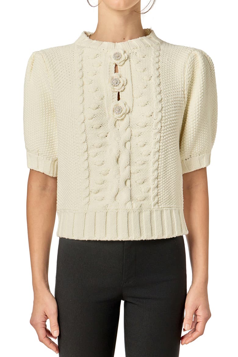 Cable Stitch Puff Sleeve Cardigan, Alternate, color, OFF WHITE