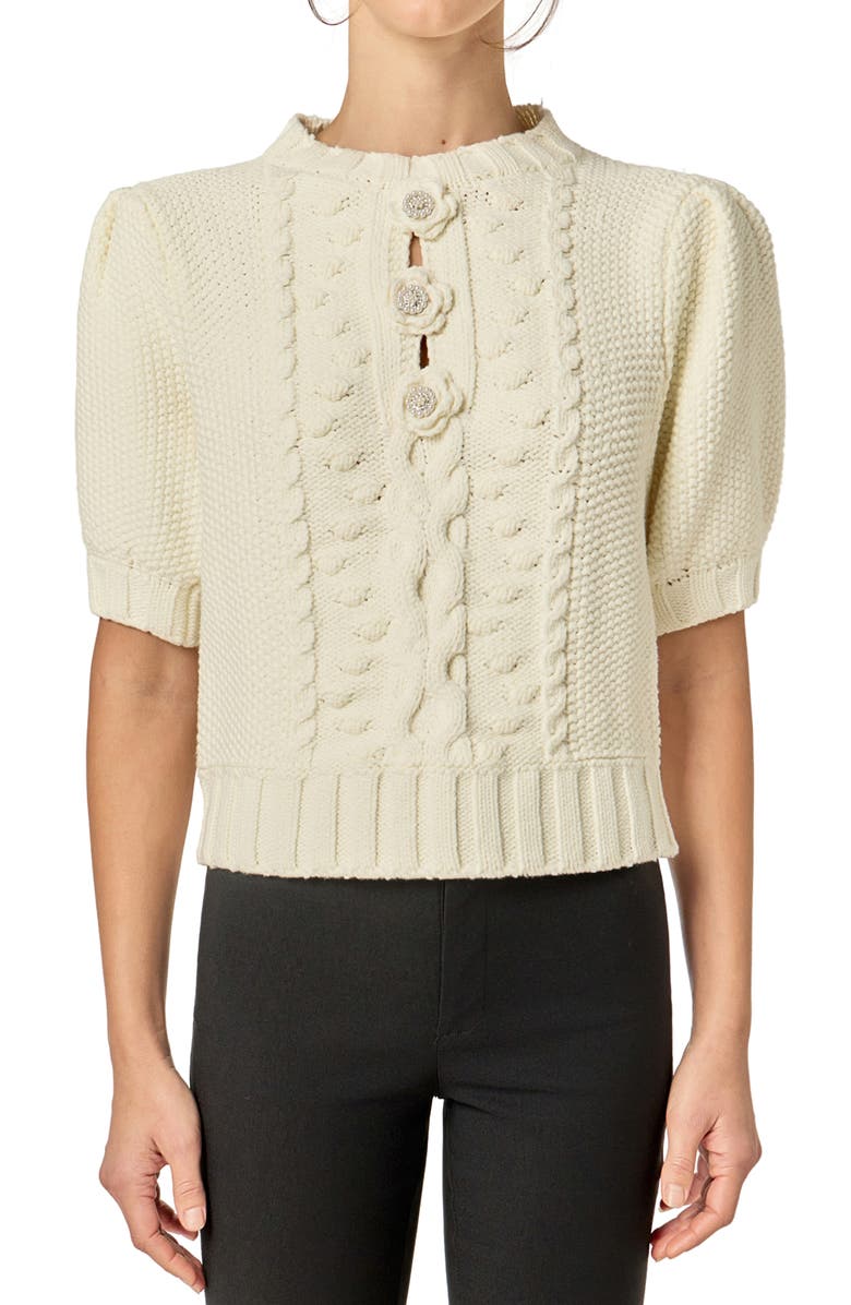 English Factory Cable Stitch Puff Sleeve Cardigan, Alternate, color, Off White