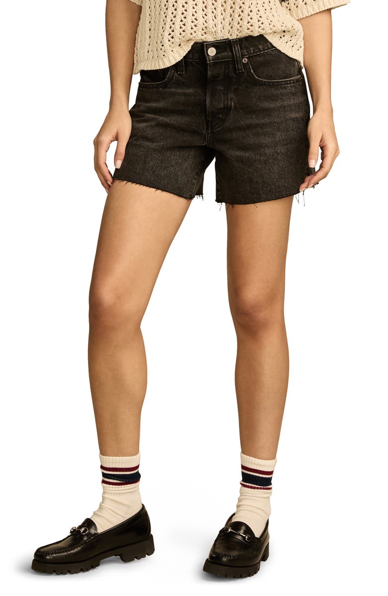Lucky Brand '90s Raw Hem High Waist Midi Denim Shorts, Main, color, Cook Out Wash