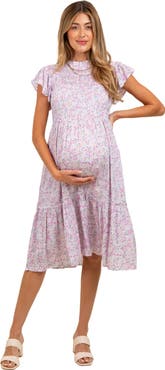 PinkBlush Floral Mock Neck Smocked Ruffe Sleeve Midi Dress