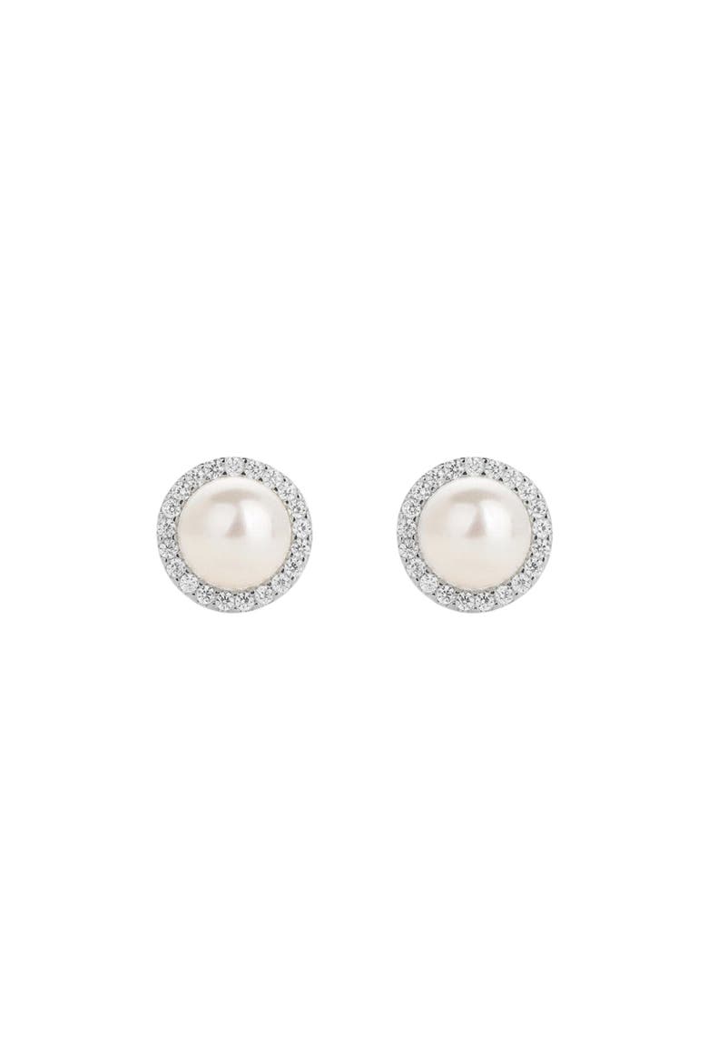 Sterling Silver 18k Gold Plated Eleanor Pearl Stud Earrings Dainty, Main, color, Silver