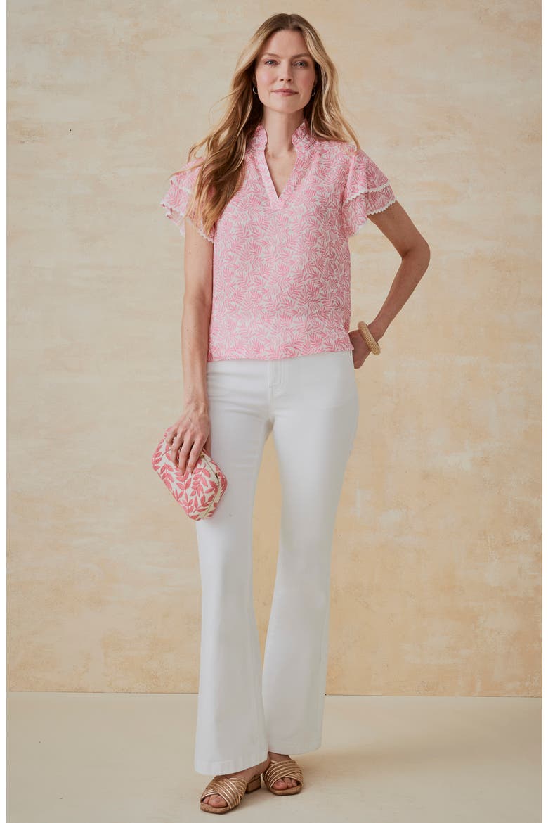 Elara Flutter Sleeve Woven Top, Alternate, color, WHITE/ PINK