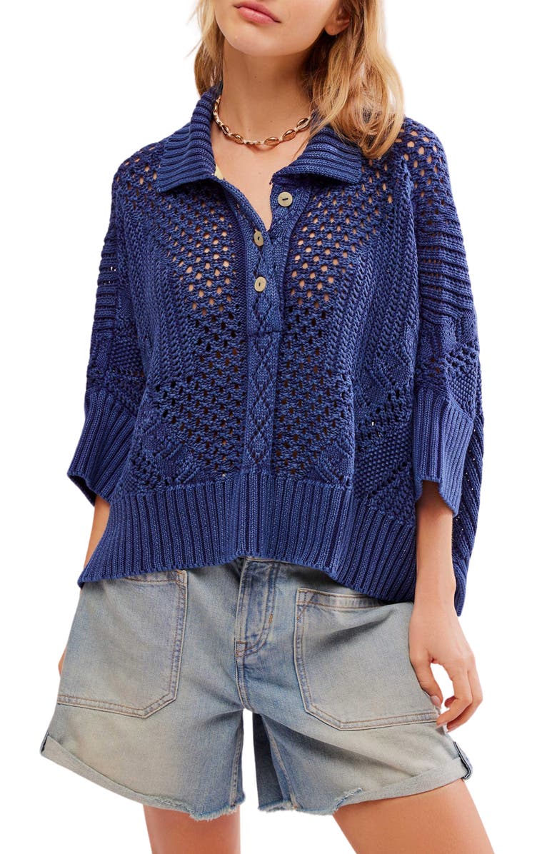 Free People To the Point Open Stitch Polo Sweater, Main, color, Midnight Rain
