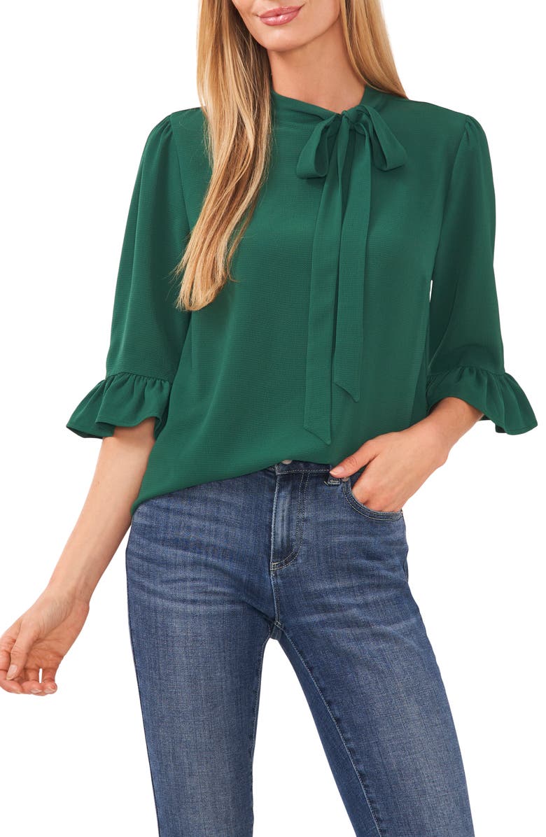 CeCe Ruffle Elbow Sleeve Top, Main, color, Alpine Green