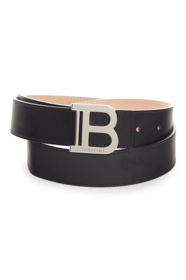 Logo Buckle Calfskin Leather Belt, Main, color, BLACK