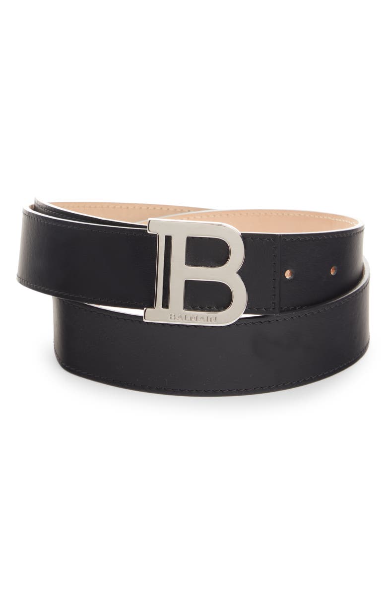Balmain Logo Buckle Calfskin Leather Belt, Main, color, 