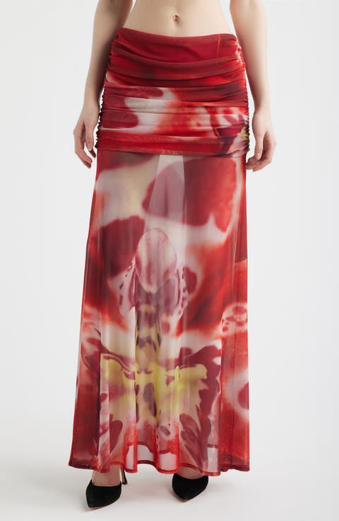 Susurro Print Ruched Mesh Maxi Skirt
