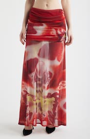 Feners Susurro Print Ruched Mesh Maxi Skirt