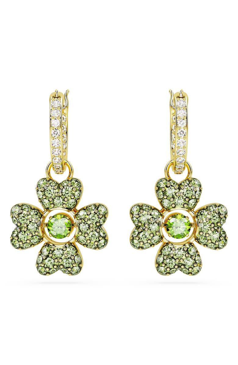 Swarovski Idyllia Crystal Pavé Clover Pendant Huggie Hoop Earrings, Alternate, color, Green