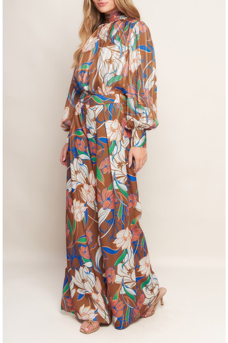 Floral Pleated Front Wide Leg Pants, Alternate, color, BROWN