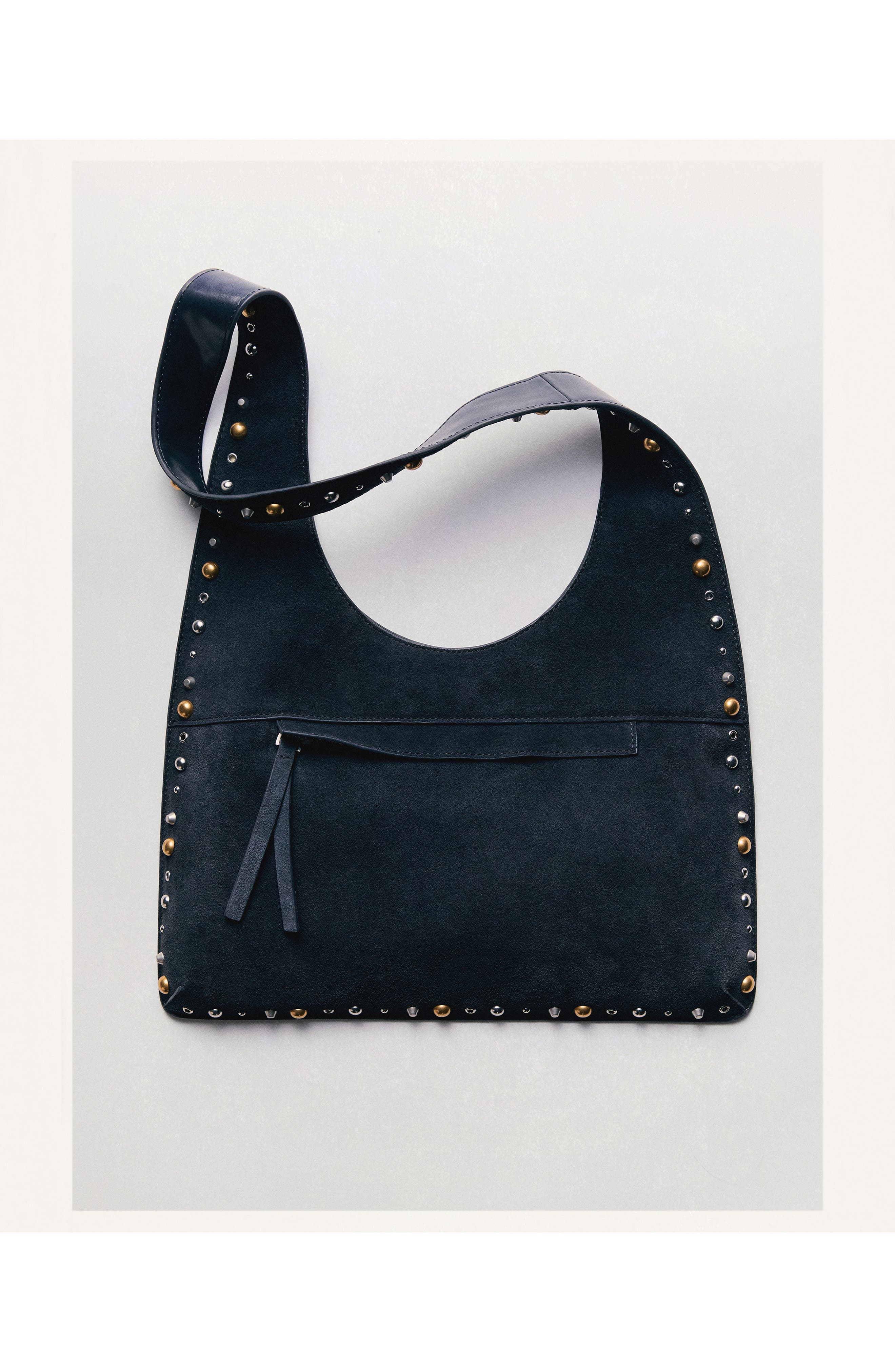 MANGO Studded Suede Shoulder Bag, Alternate, color, Navy