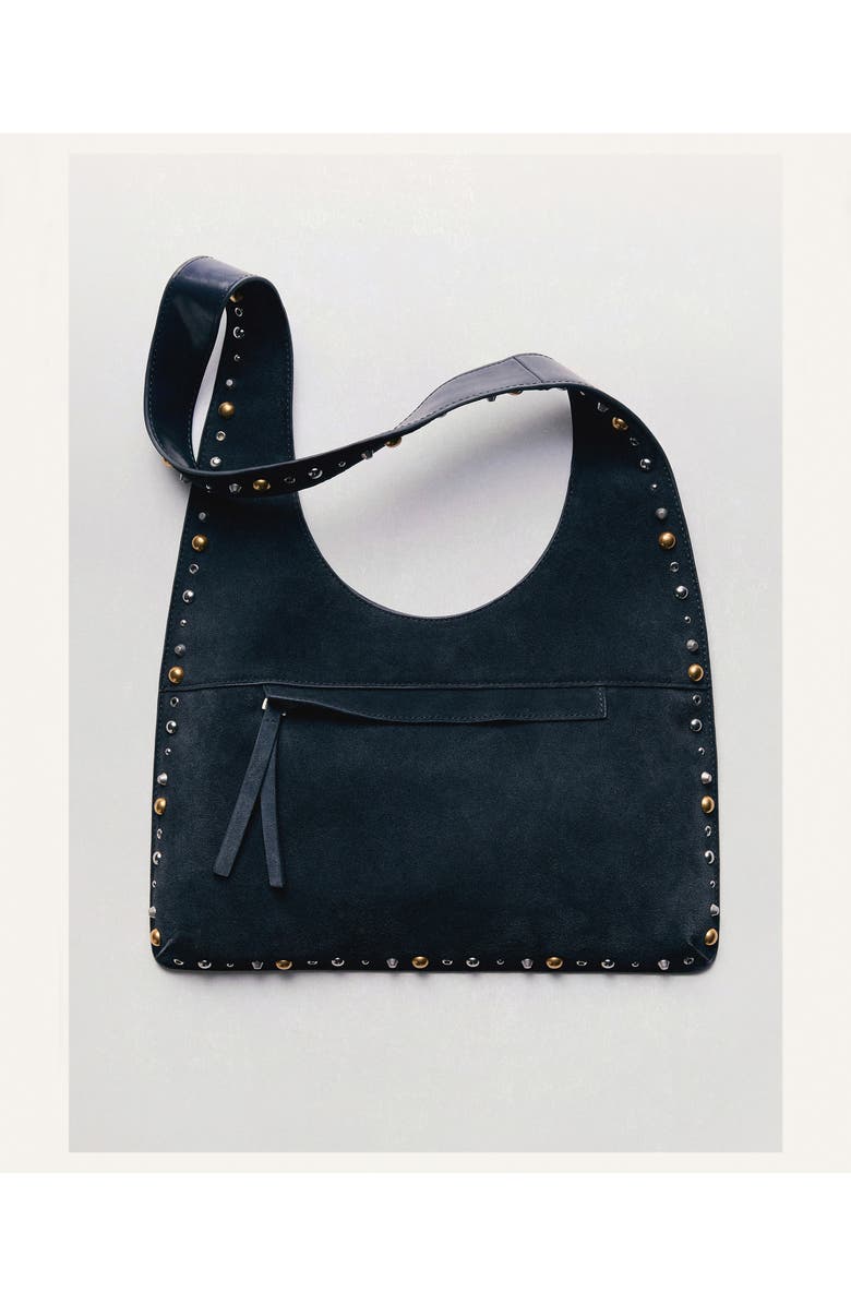 MANGO Studded Suede Shoulder Bag, Alternate, color, Navy