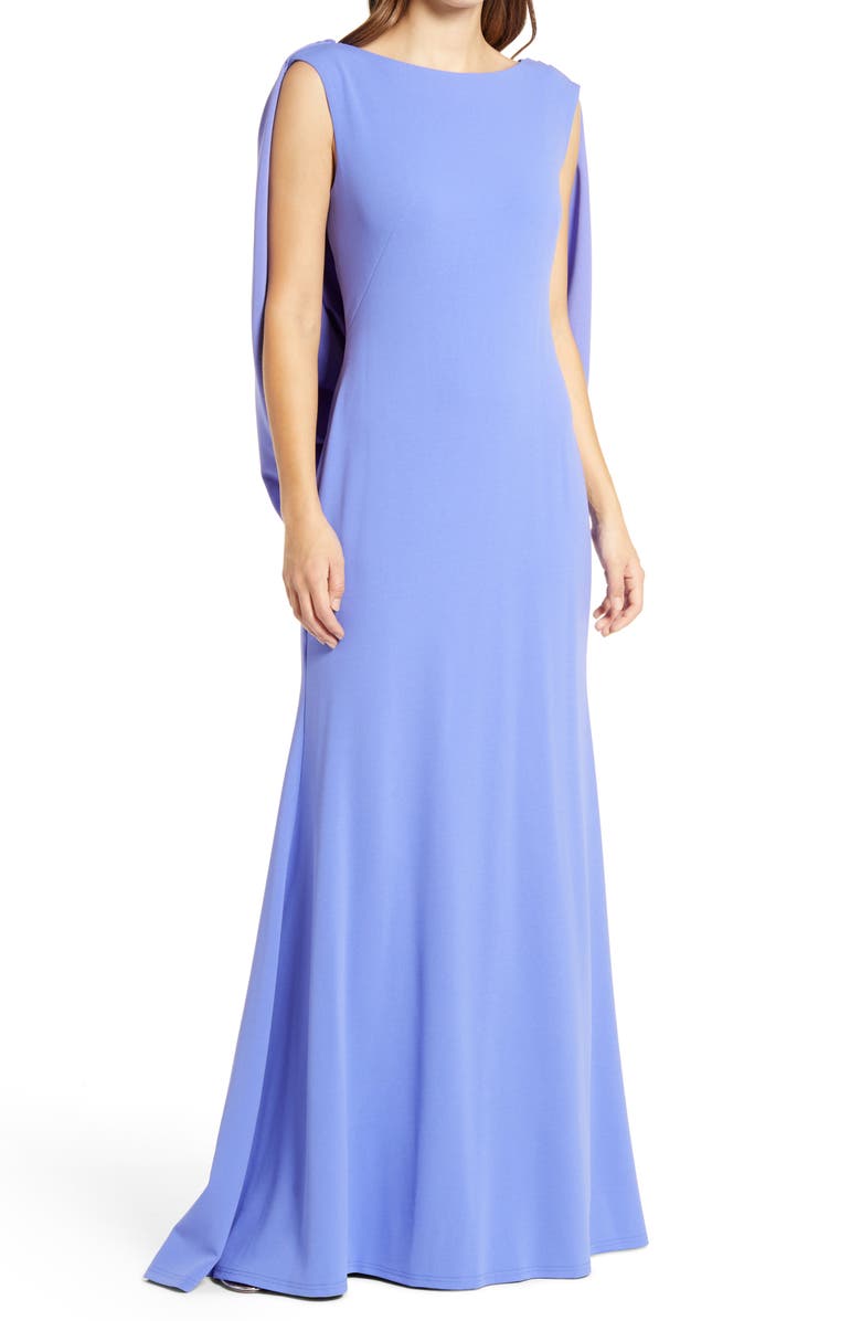 Tadashi Shoji Cape Long Sleeve Crepe Gown, Main, color, 