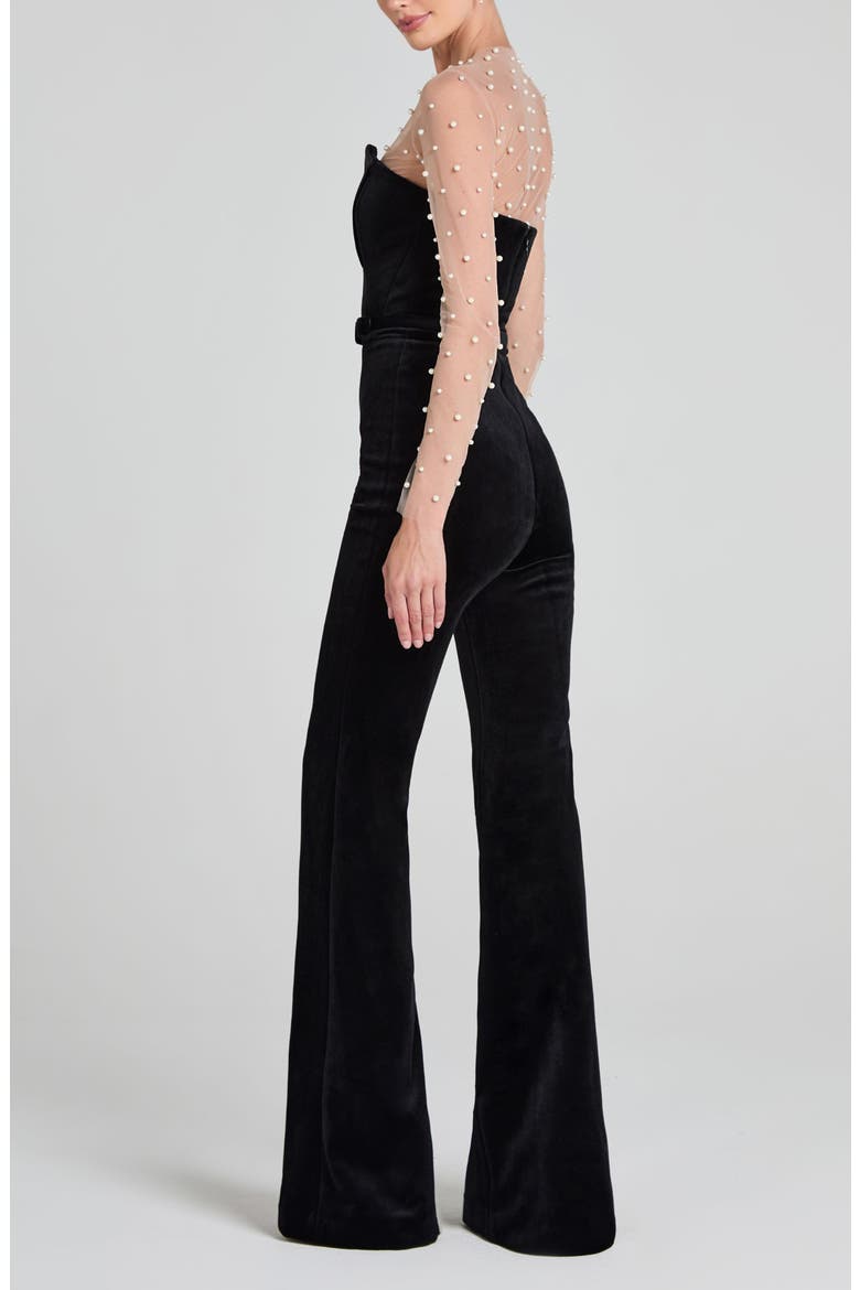 Vanessa Strapless Belted Velvet Flare Jumpsuit, Alternate, color, BLACK
