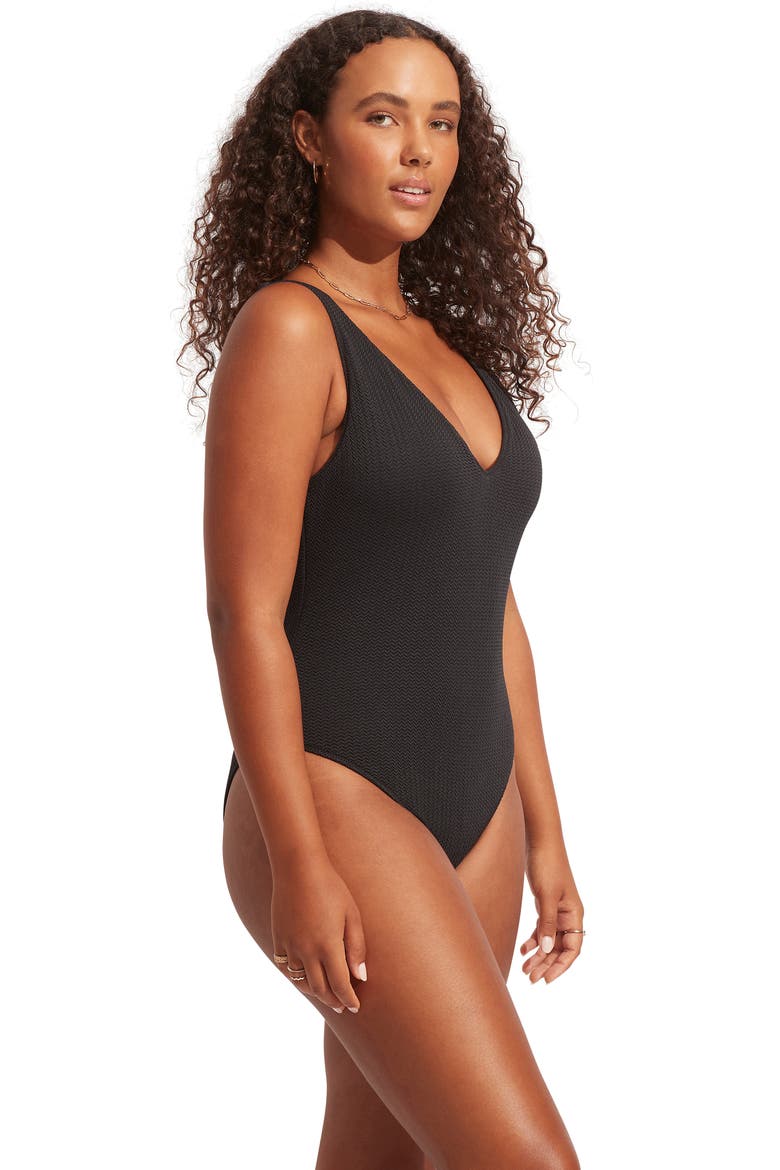Sea Dive Deep V-Neck One-Piece Swimsuit, Alternate, color, BLACK