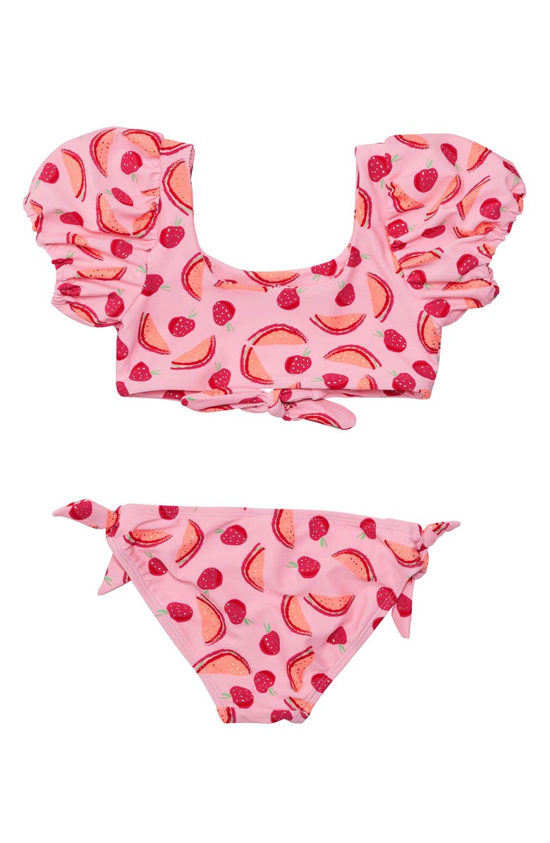 Snapper Rock Kids' Berry Sweet Puff Sleeve Knot Front Two-Piece Swimsuit, Alternate, color, Pink