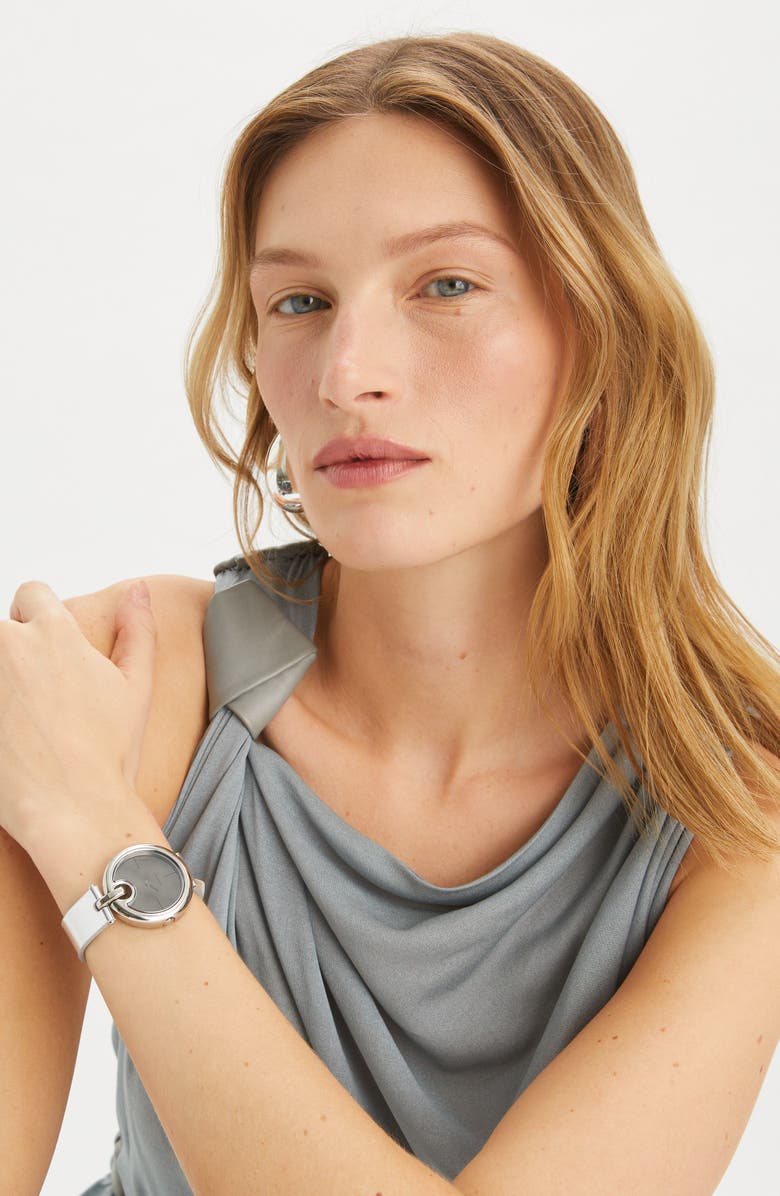 Tory Burch The Pierced Leather Strap Watch, 36mm, Alternate, color, Silver