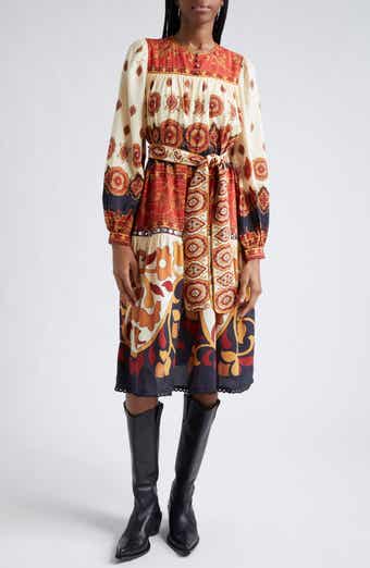 FARM Rio Ainika Tiles Tie Waist Long Sleeve Midi Dress