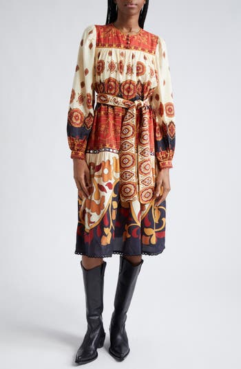Farm Rio Ainika Tiles Tie Waist Long Sleeve Midi Dress