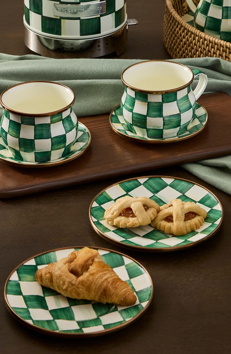 MACKENZIE CHILDS Emerald Check Set of 4 Enameled Steel Appetizer Plates, Alternate, color, Emerald