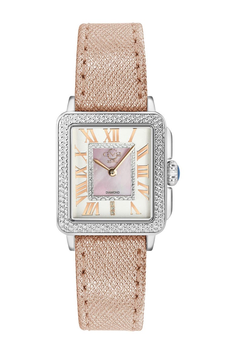 Womens Padova Swiss Diamond Rectangle Leather Watch, 28.5mm - 0.014 ctw, Main, color, PINK