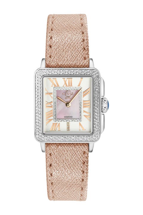 Womens Padova Swiss Diamond Rectangle Leather Watch, 28.5mm - 0.014 ctw