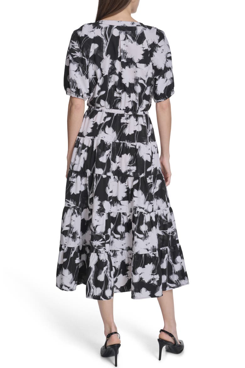 Floral Short Sleeve Tiered Midi Dress, Alternate, color, BLACK/ WHITE