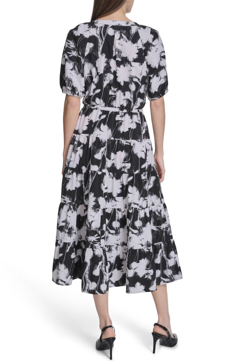 Calvin Klein Floral Short Sleeve Tiered Midi Dress, Alternate, color, Black/ White