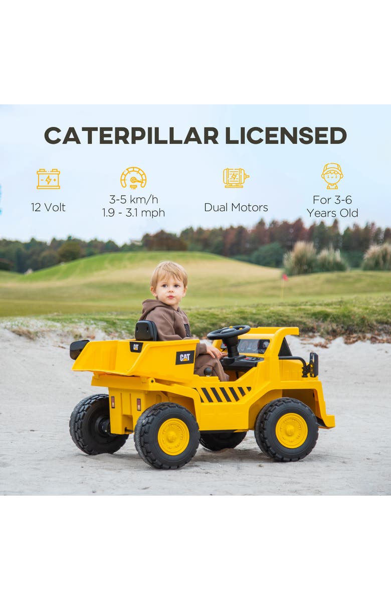 Qaba Caterpillar 12V Kids Excavator Ride on with Remote, Bucket, Shovel, Music, Loudspeaker, Alternate, color, Yellow