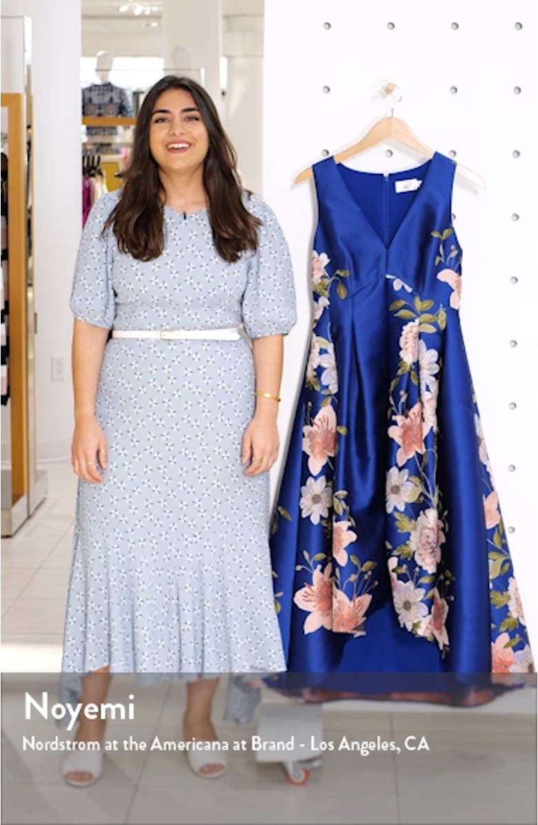 Floral Print Satin Twill High/Low Fit & Flare Dress, sales video thumbnail