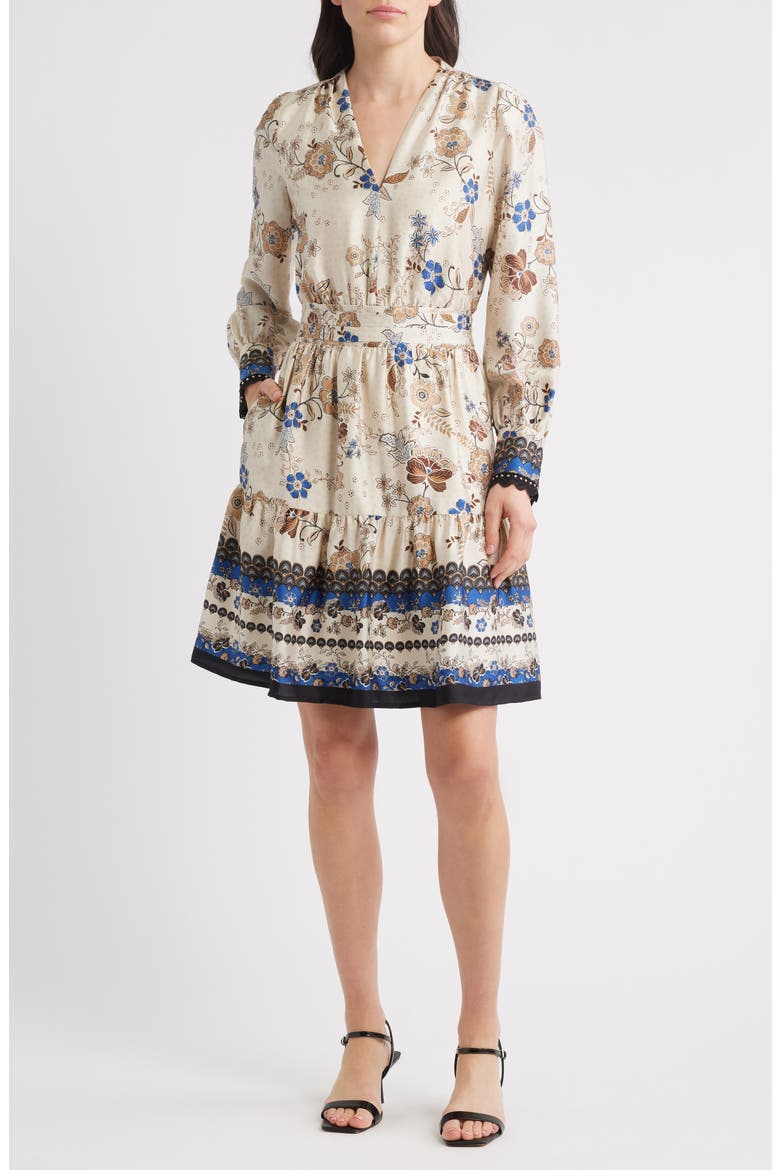 Floral Print Long Sleeve Minidress, Main, color, IVORY SHELL MULTI