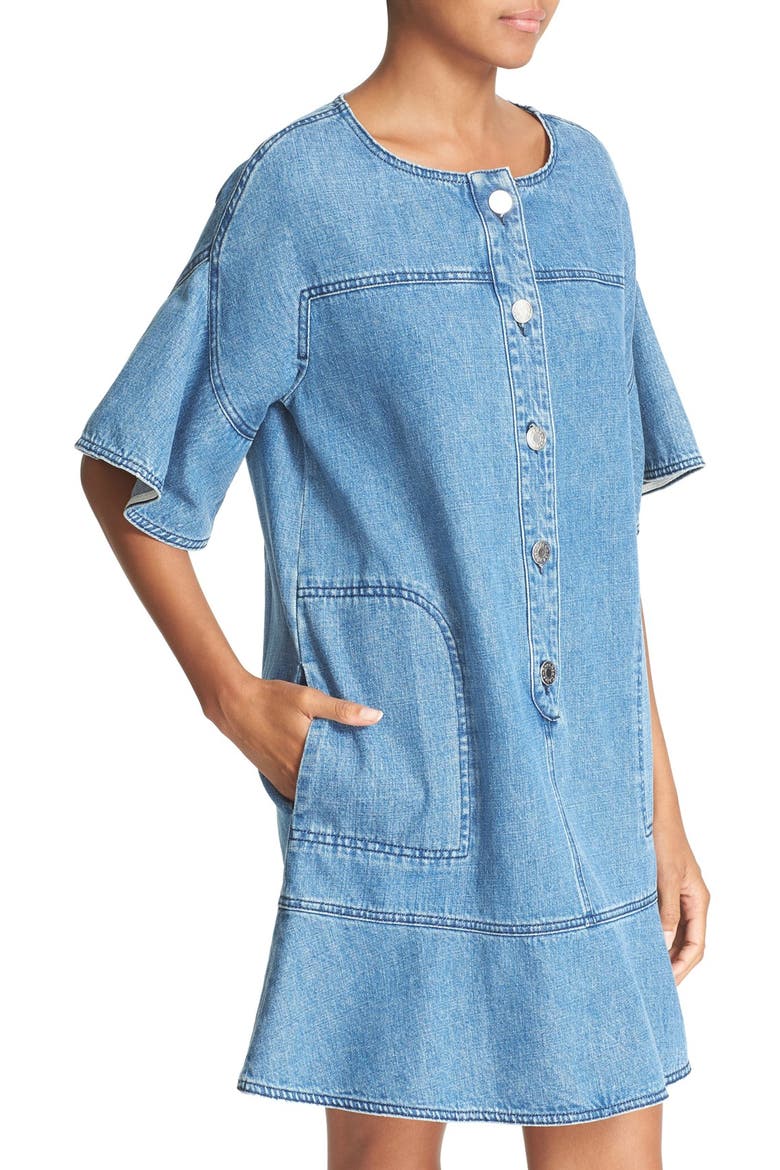 Ruffle Sleeve Denim Dress, Alternate, color, WASHED INDIGO