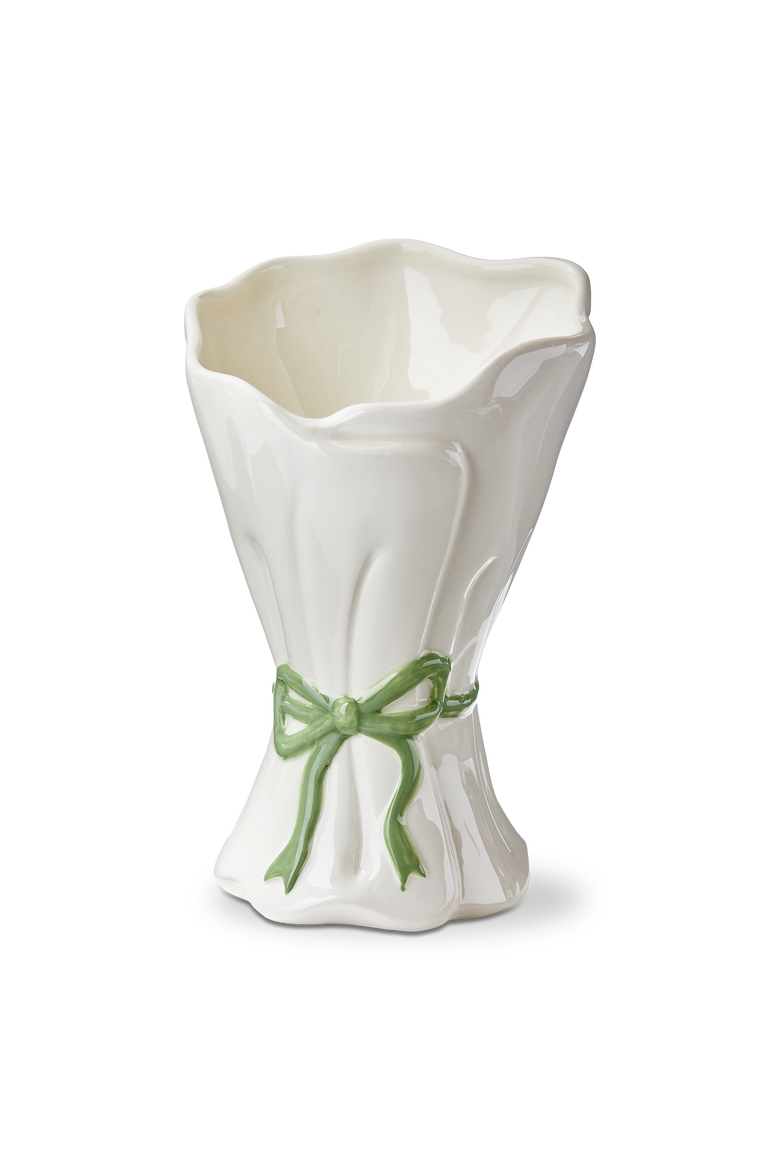 White Multi Earthenware Bow Bouquet Vase 5x5x7.5 in, Main, color, White