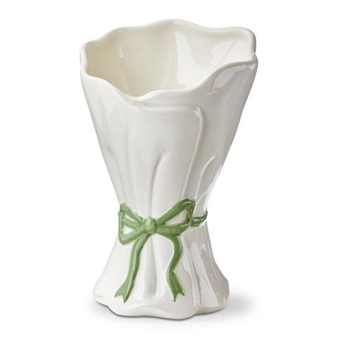 White Multi Earthenware Bow Bouquet Vase 5x5x7.5 in
