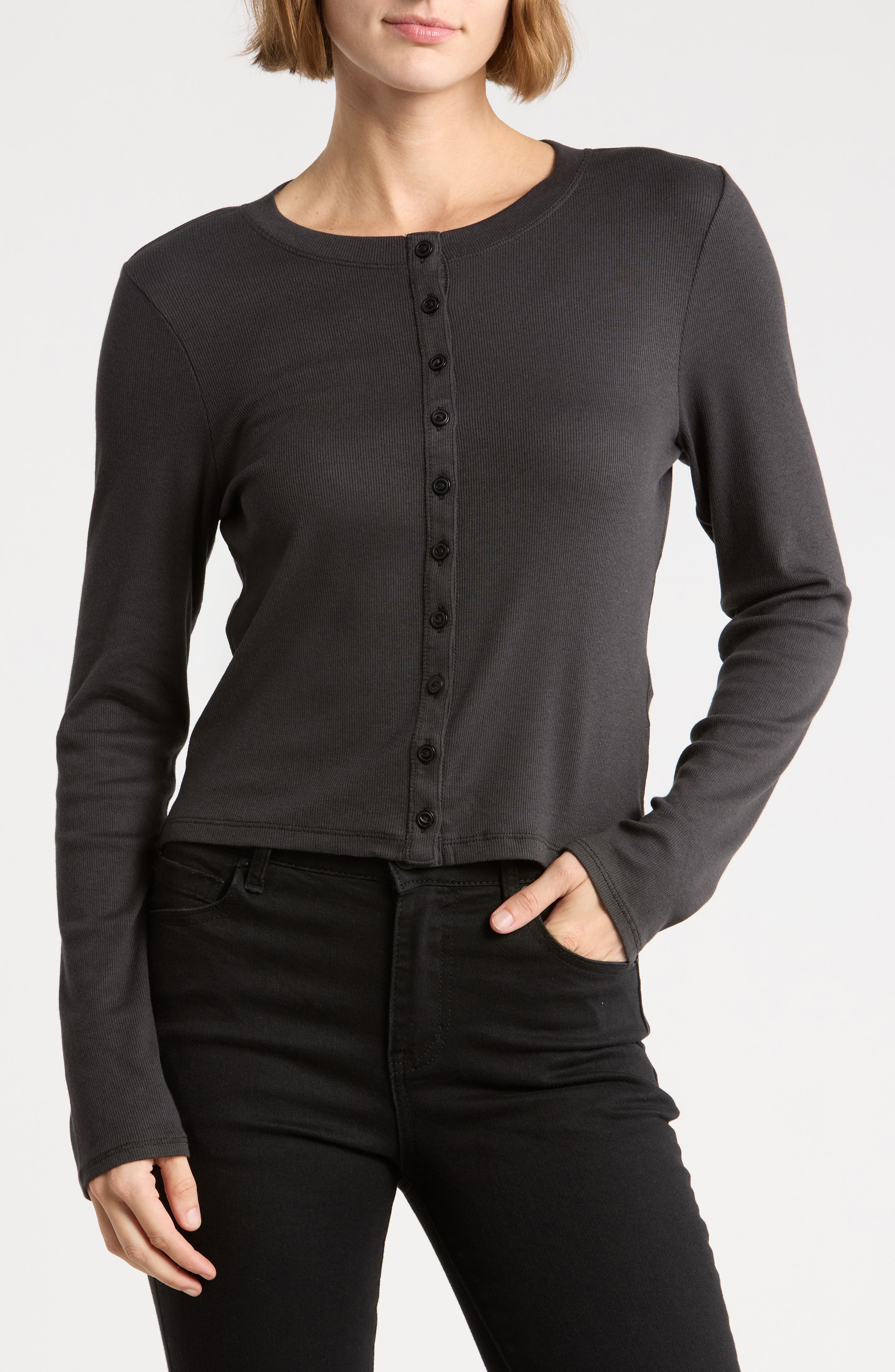 Essie Ribbed Long Sleeve Button Top