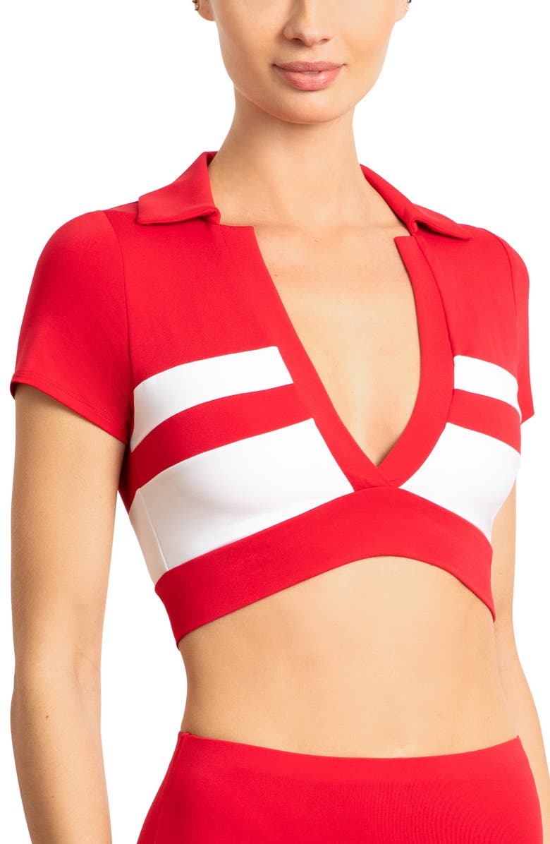 Robin Piccone Babe Stripe Short Sleeve Bikini Top, Alternate, color, Peony/ White