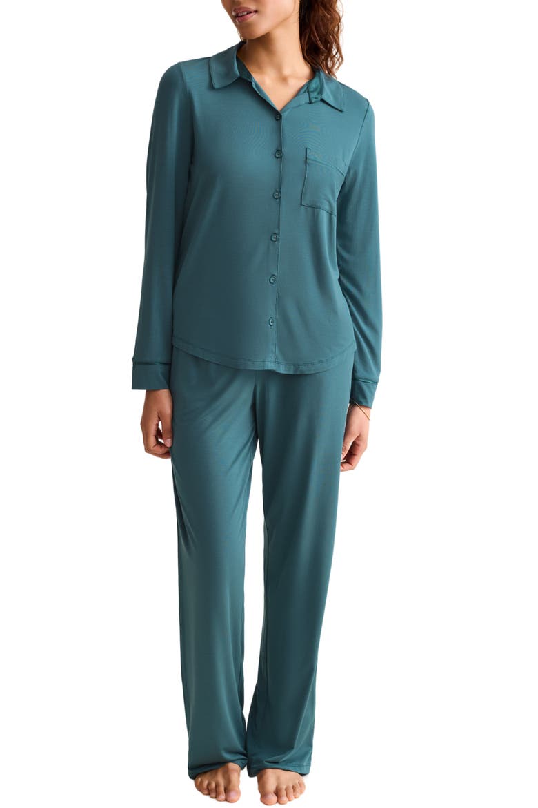 Satin Trim Jersey Pajamas, Main, color, EVERGREEN