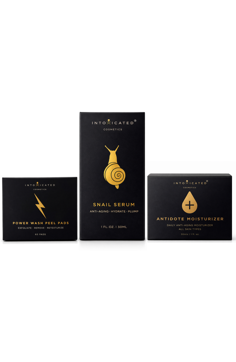 Intoxicated Cosmetics Hydration Bundle (Snail Serum, Power Wash Peel Pads, Antidote Moisturizer) | Hydrating & Anti-Aging Skincare Treatment with Vegan Snail Venom Peptide & Vegan Snail Mucin, Glycolic AHA Pads, & Fine Line Daily Moisturizer, Alternate, color, NO COLOR