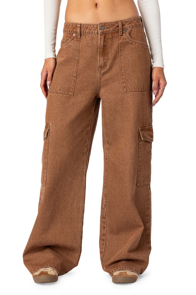 Stonewash Mid Rise Rigid Cargo Jeans, Main, color, BROWN-WASHED