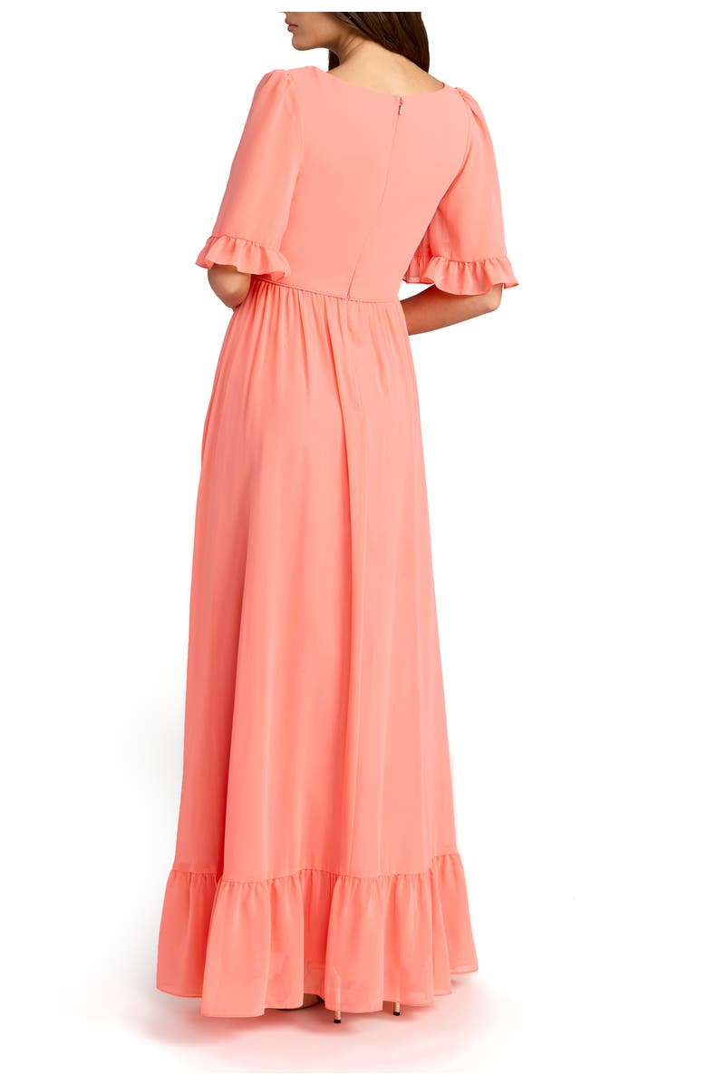 Mac Duggal V-Neck Flutter Sleeve Chiffon Faux Wrap Maxi Gown, Alternate, color, Coral