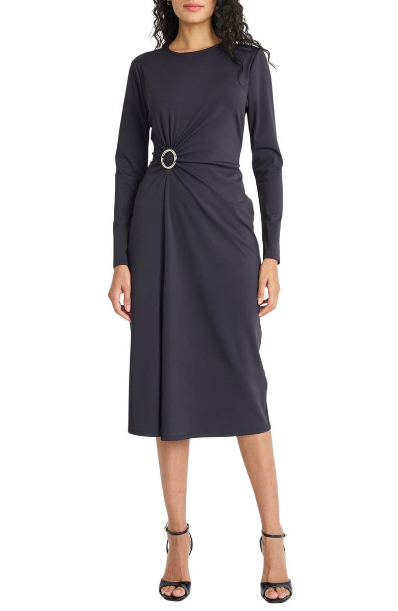 Maggy London Long Sleeve Side Gather Sheath Midi Dress, Main, color, Black