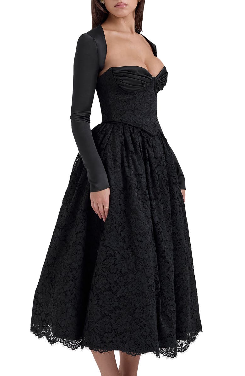 HOUSE OF CB Duchess Corset Lace Fit & Flare Midi Dress with Bolero, Alternate, color, Black