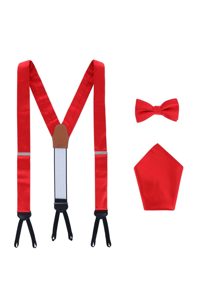 Sutton Solid Color Silk Brace Bow Tie & Pocket Square Combo, Main, color, Red