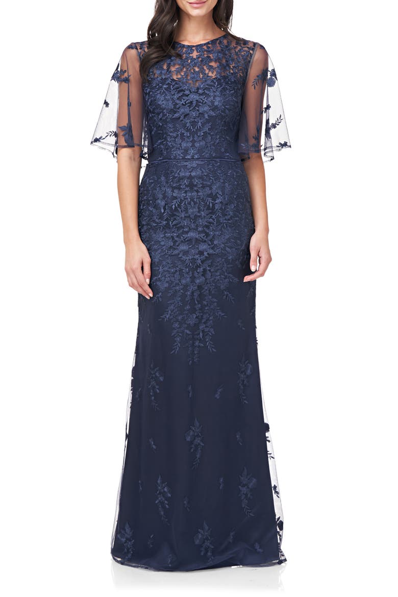 Floral Embroidered Evening Gown, Main, color, NAVY