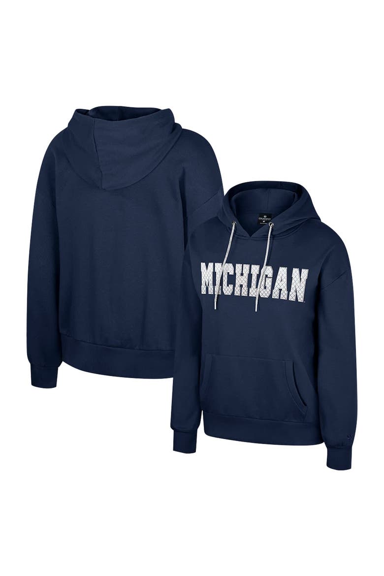 Women's Colosseum Navy Michigan Wolverines Reflection Rhinestone Drawcord Pullover Hoodie, Alternate, color, Navy
