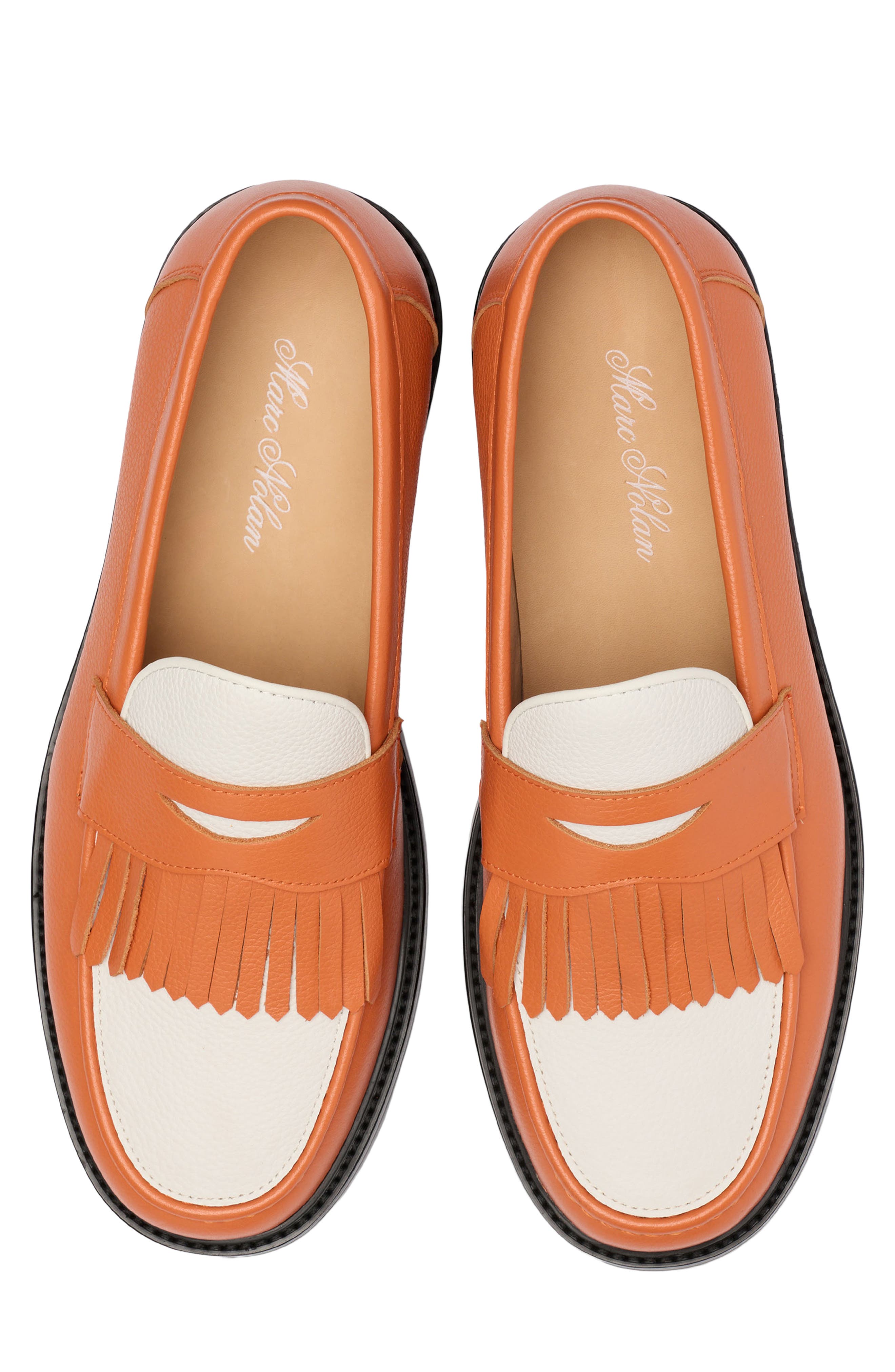 Clint Fringe Penny Loafer, Alternate, color, ORANGE/ WHITE