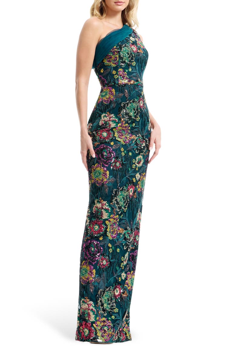 Sawyer Beaded Sequin One-Shoulder Gown, Alternate, color, PEACOCK BLUE MULTI