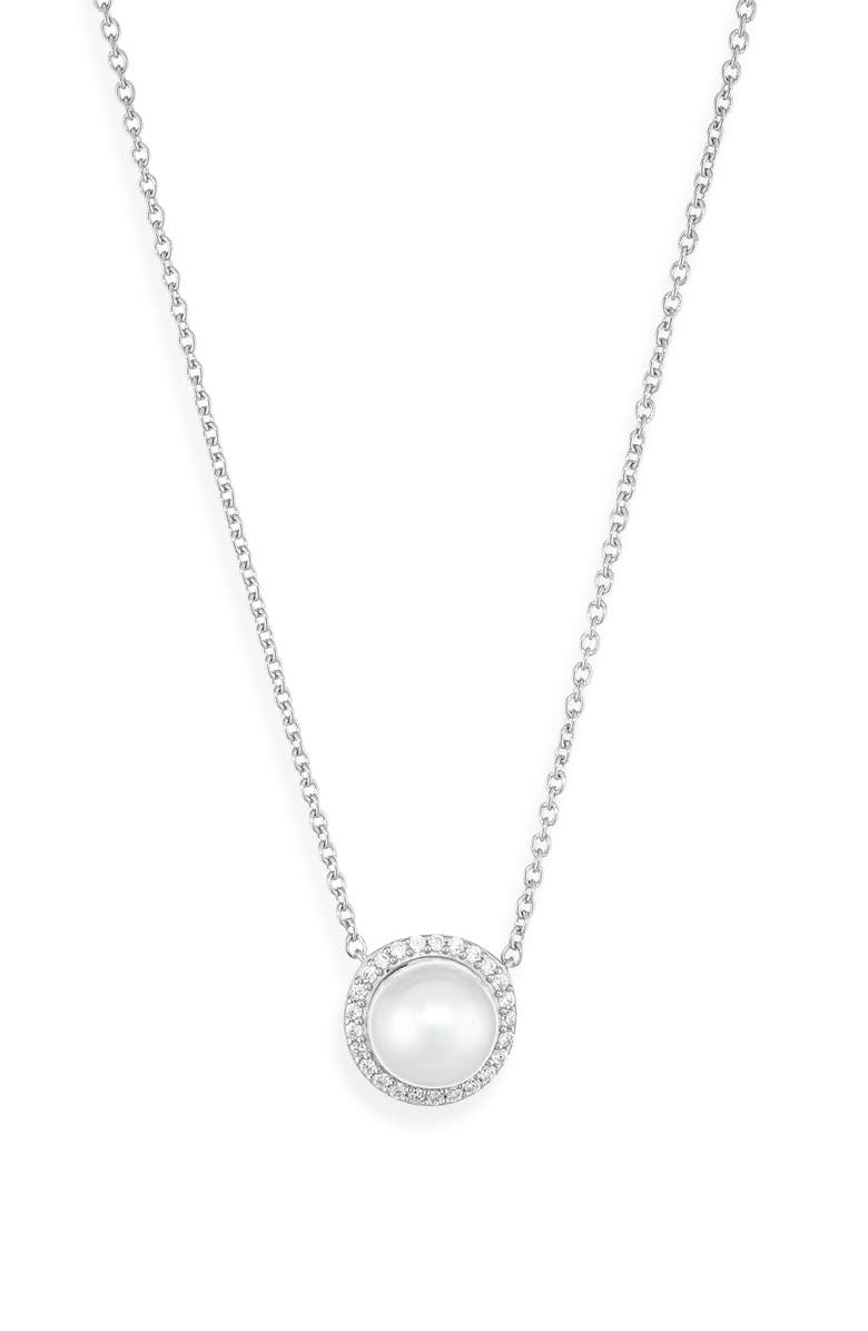 Nadri 7.5-8mm Cultured Pearl Halo Pendant Necklace, Alternate, color, Rhodium