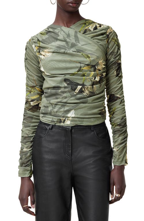 Allsaints Hanako Print Mesh Wrap Top In Emerge Olive Green